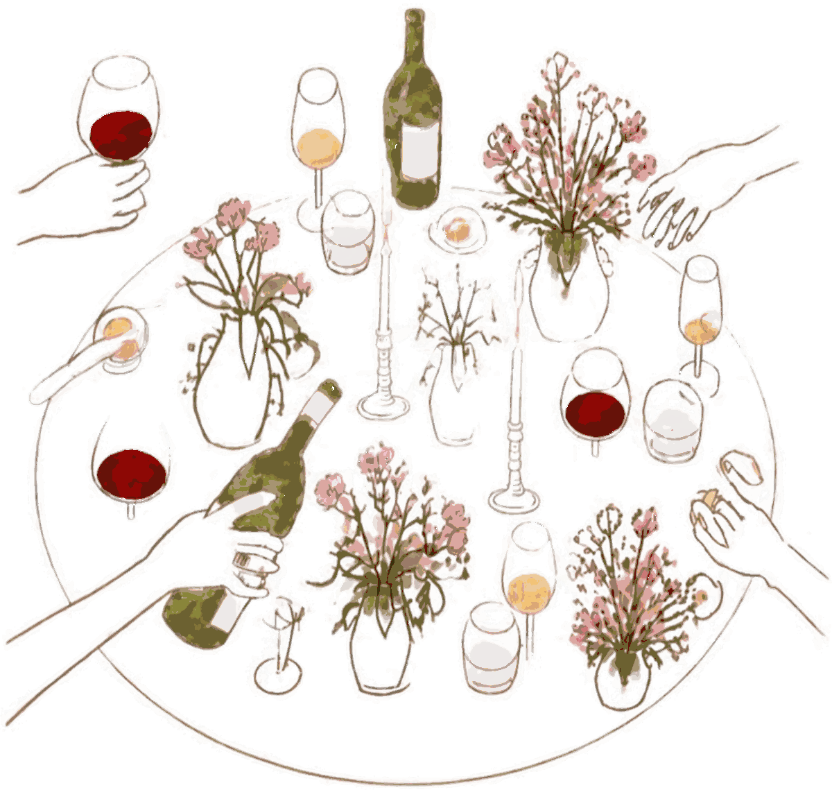 Ilustração de uma mesa posta com taças, garrafas e arranjos de flores